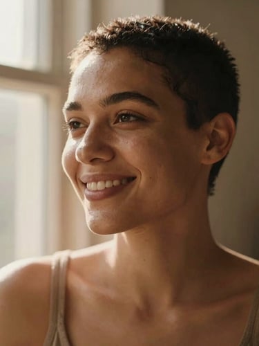 Intimate portrait of a queer woman smiling thoughtfully, warm natural window light highlighting her expression, soft earthy tones, shallow depth of field, 35mm photography style.
