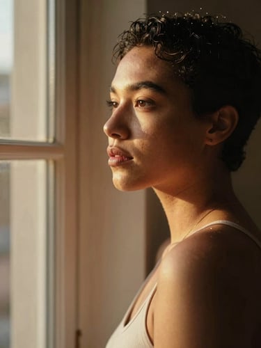 Warm editorial portrait of a queer woman looking thoughtfully out of a sunlit window, soft golden-hour light, rich earthy tones, 35mm