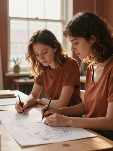 An intimate medium shot of two women collaborating over design drafts in a sunlit community studio, rich terracotta tones, soft window light, 35mm