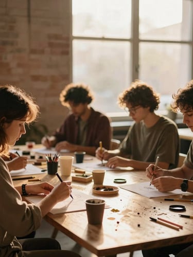 Warm editorial photography of a collaborative community workshop in a sunlit loft, soft golden-hour window light, rich earthy tones, 35mm.