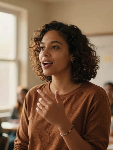 A warm medium close-up of a queer woman organizer speaking passionately at a community workshop, soft golden-hour window light, rich earthy tones, 35mm