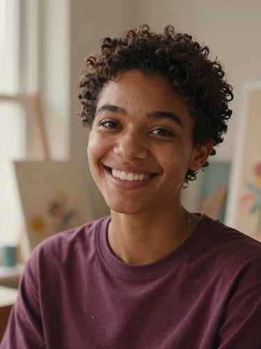 Medium close-up of a non-binary creator smiling warmly in a sunlit art studio, soft diffused window light, rich plum and terracotta tones, 35mm