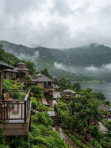 Wide panoramic view of Lake View Resort, Lonavala, during monsoon. Lush green hills, misty atmosphere, soft overcast daylight, with a glimpse of a room balcony overlooking the valley.
