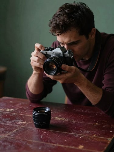 A photographer holding a vintage camera, adjusting a lens over a rustic table spread, moody shadows, 35mm.
