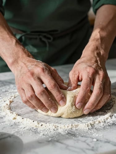Close-up of chef's hands kneading rustic dough on a flour-dusted marble counter, soft northern daylight casting deep shadows.