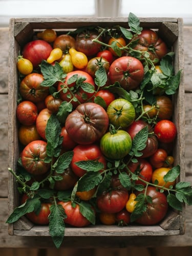 Overhead shot of freshly harvested heirloom tomatoes in a wooden crate, soft scandinavian daylight, deep green leaves, shallow depth of field, 35mm