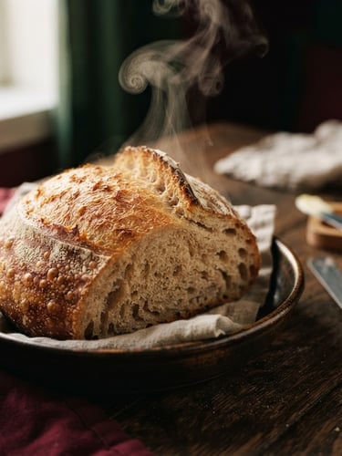 Close-up of steam rising from freshly baked sourdough bread on a dark wooden table, soft scandinavian daylight, shallow depth of field, warm editorial style