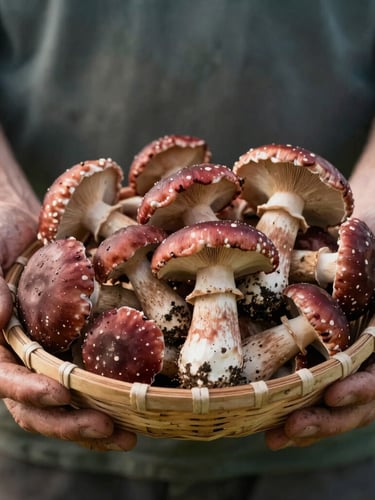 Close-up of a farmer's dirt-stained hands holding a basket of freshly picked wild mushrooms, soft morning daylight, shallow depth of field, 35mm