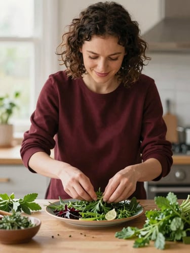 A portrait of a food stylist arranging fresh herbs on a plate, warm natural light, soft focus, scandinavian kitchen background.