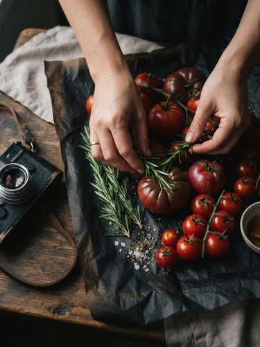 A close-up overhead shot of hands arranging fresh rosemary and ripe tomatoes on dark parchment paper, natural soft northern daylight, moody shadows, a vintage camera resting on the side