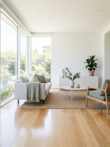 Bright high-key interior photography of a minimalist living room post-clean, crisp natural daylight streaming through large windows, immaculate dust-free wooden floor reflecting light, 35mm