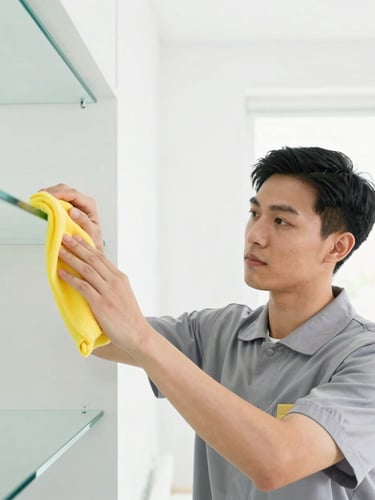 Bright high-key portrait of a focused professional cleaning specialist in a clean gray uniform, carefully wiping a minimalist glass shelf, soft daylight, sharp focus, 35mm
