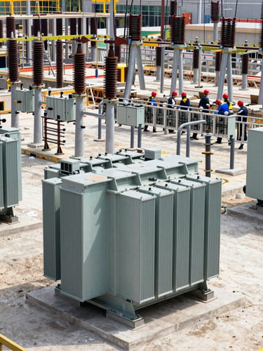 Wide environmental shot inside a large electrical substation under construction, heavy transformer units on concrete pads in the foreground, steel buswork and disconnect switches mid-frame, workers in rust-red helmets inspecting cable trays in the background, daylight flooding through open structural bays