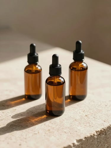 Warm, diffused Mediterranean daylight lighting minimalist amber glass cosmetic bottles on a light stone surface, soft natural shadows.