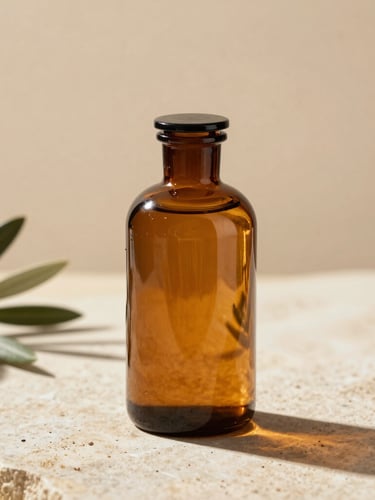 A minimalist amber glass bottle on a sunlit stone surface, soft shadows of olive leaves cast on a warm sand background, editorial style.