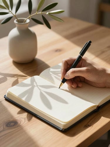 Editorial close-up of hands writing in a linen journal on a sunlit wooden desk, soft Mediterranean daylight, an olive branch in a minimalist ceramic vase nearby, warm natural shadows.