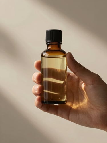 Close-up of hands holding a minimalist amber glass bottle filled with clear botanical oil, soft natural shadows, warm daylight