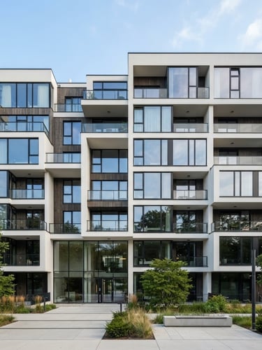 Wide shot of a modern residential building facade with clean lines and large windows under natural daylight, geometric composition, sharp focus, no people.
