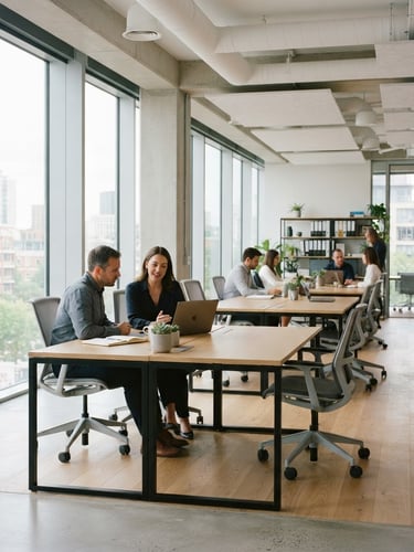Bright architectural photography of a modern real estate office, soft natural daylight diffusing through large windows, clean geometric workspace composition, 35mm lens