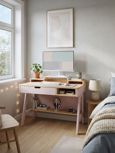 A pastel-washed wooden gaming desk in a modern teen bedroom, bathed in soft morning window light, with a low-profile footprint. The desk is styled with a simple monitor and a plant, showing clean lines and smart storage integration. Wide architectural angle, 35mm lens.