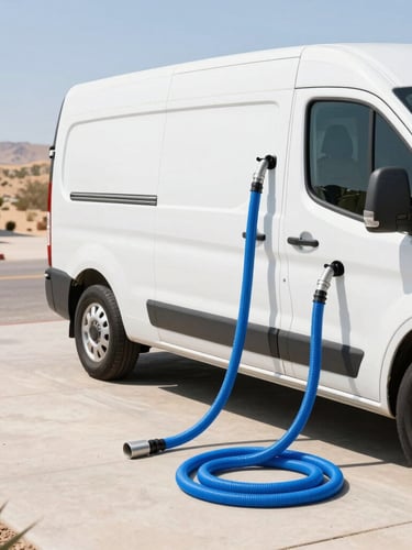 Bright sun-drenched driveway in St. George with a clean, modern white service van, professional blue extraction hoses neatly organized, soft natural light, clean desert background