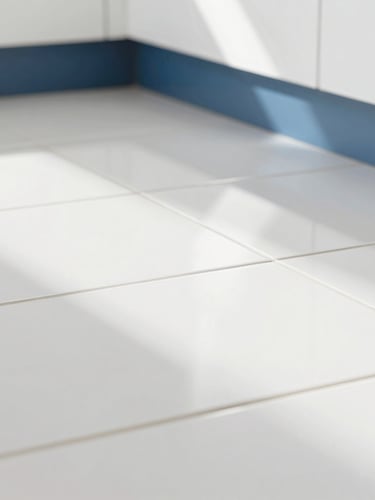 Sharp macro shot of clean tile lines and sparkling grout, bright natural light, clean reflections, immaculate modern kitchen floor.