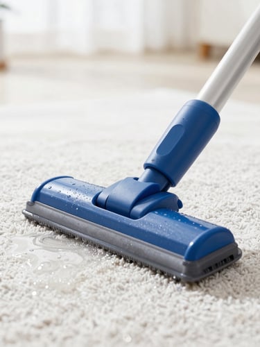Close-up macro shot of a professional cleaning wand extracting water from a clean plush carpet, bright daylight, water droplets visible, clinical cleanliness.