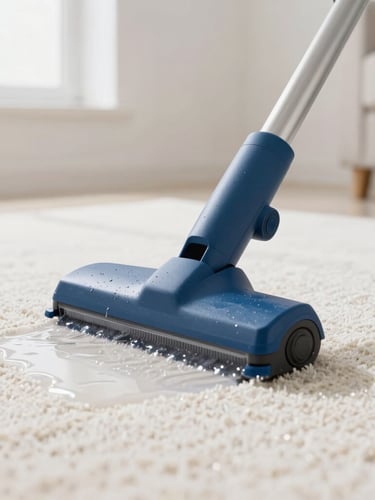 Close-up of a professional carpet cleaning wand extracting water from clean carpet fibers, bright high-key interior lighting, crisp details, water droplets visible, professional equipment