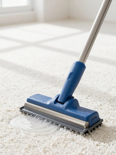 Close-up of a professional stainless steel carpet cleaning wand extracting water from clean, bright white carpet fibers, high-key natural daylight, sharp focus, 35mm lens