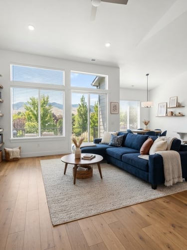 Wide architectural photography of a bright, clean living room in a Boise townhome, natural daylight streaming through open blinds, crisp white walls and warm blue accents, showing a spacious layout.