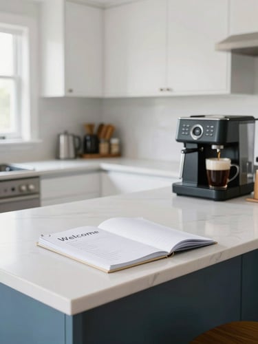 Straight-on medium shot of a clean, well-organized kitchen counter in a modern townhome, featuring a neat welcome binder and a fresh coffee station under bright natural light.