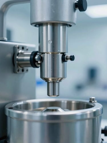 A close-up of sterile stainless steel formulation machinery in a brightly lit cleanroom, cool blue daylight tones, macro focus
