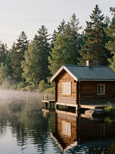 A rustic wooden cabin beside a glassy Finnish lake at golden hour, soft mist rising from the water, deep forest green pines framing the shot, 35mm film style.