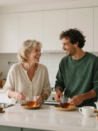 Candid medium-wide shot of two people of different ages laughing while preparing tea in a cozy, modern Scandinavian kitchen, natural overcast daylight, soft cream tones.