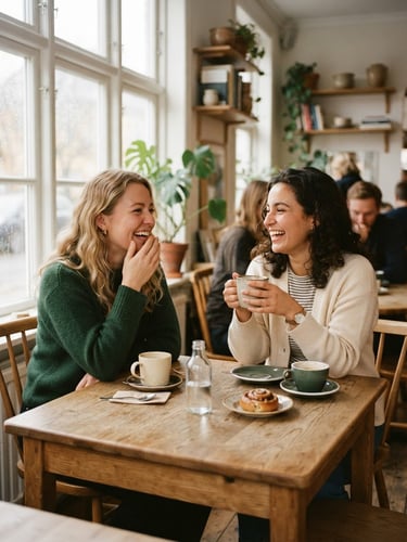 Candid medium shot of two people laughing over coffee in a light-filled Scandinavian room, soft natural daylight, warm editorial style, 35mm film