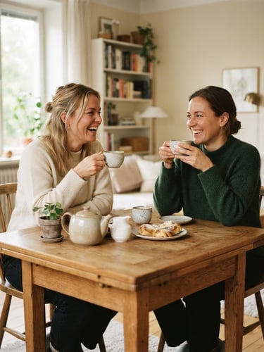 Candid environmental portrait of two people smiling and sharing tea in a sunlit Scandinavian room, warm cream tones, 35mm film style
