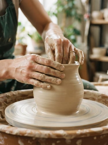 Close-up of hands shaping wet clay on a pottery wheel, soft natural light, warm cream tones, 35mm film style