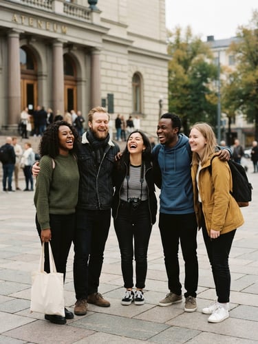 A group of diverse friends laughing together outside a Helsinki museum, soft overcast daylight, natural candid moment, warm editorial style, 35mm film.