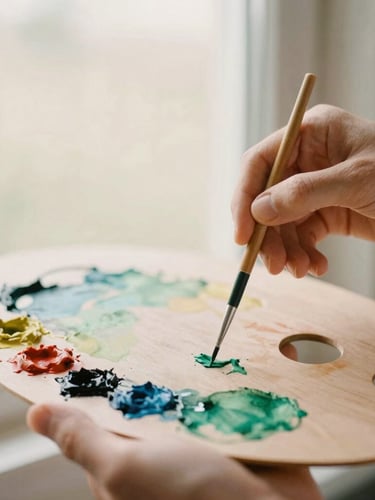 A close-up of hands mixing vibrant watercolor paints on a wooden palette, soft overcast window light, warm editorial style
