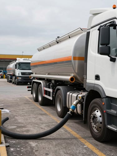 Environmental wide shot of a fuel tanker truck mid-transfer at a depot loading bay, driver-side hose connection visible in foreground detail, overcast daylight, industrial yard extending behind the vehicle with secondary tankers parked in line, no people visible — operational proof, not promotional