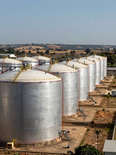 Wide panoramic view from outside a large petroleum storage depot in East Africa, rows of tall steel fuel tanks receding into the distance at right, hard midday daylight casting sharp shadows across the tank infrastructure, sparse dry landscape behind the facility, industrial scale immediately apparent