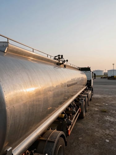 Wide panoramic view from the cab-level of a heavy fuel tanker truck mid-operation at a Mogadishu depot yard, amber daylight raking across steel tank flanks and hose couplings, industrial storage infrastructure visible in the background right third, open sky filling the upper half of the frame