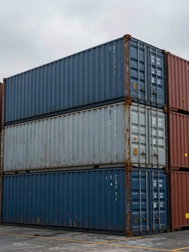Overcast wide-angle shot of intermodal cargo containers stacked at a deep-water port terminal, cold industrial lighting, sharp metal textures, no people.