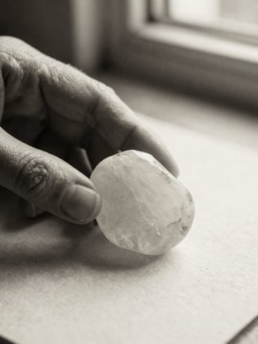 Extreme close-up of hands holding a raw, unpolished white stone over a textured cream paper, soft directional side light, high contrast black and white, 35mm film grain