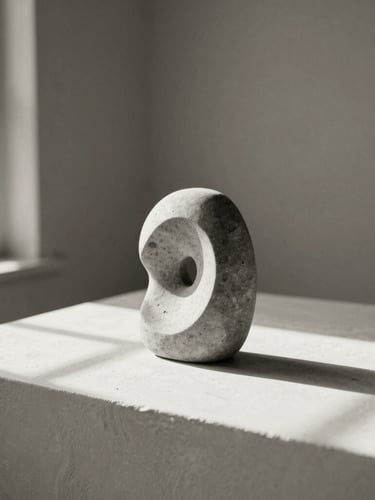 Minimalist abstract stone sculpture resting on a cream plaster surface, soft natural window light casting deep elegant shadows, black and white photography, sepia undertones, high negative space