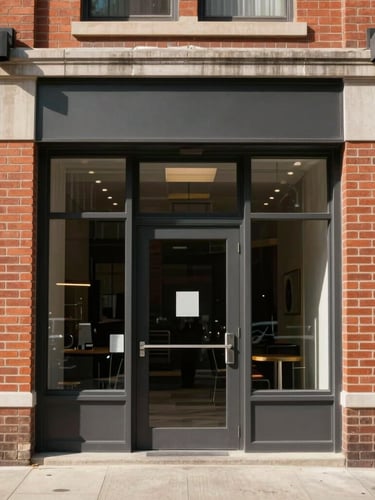 Straight-on architectural photograph of the clean brick storefront at 46 O St NW, bright daytime light, structured and secure entrance