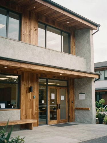 Modern community health clinic exterior, soft overcast daylight, clean concrete and wood architecture, medium format film