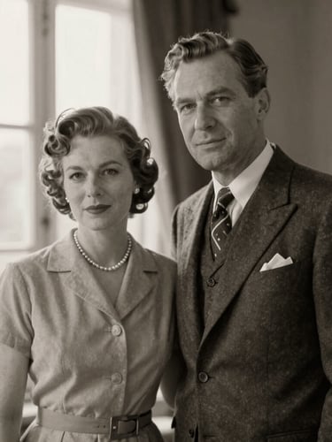 A warm black-and-white archival portrait of a philanthropic couple in mid-century attire, soft natural lighting, elegant historical composition, rich medium format film texture.