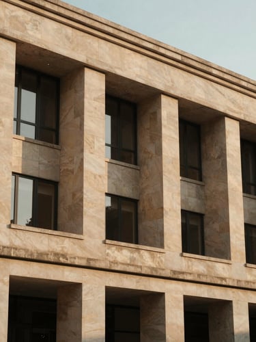 Architectural detail of a modern cultural institution in warm golden-hour window light, clean lines, elegant stone facade.
