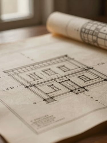 Close-up detail of historic architectural blueprints on warm textured paper, soft natural window light, elegant composition, rich muted sepia tones